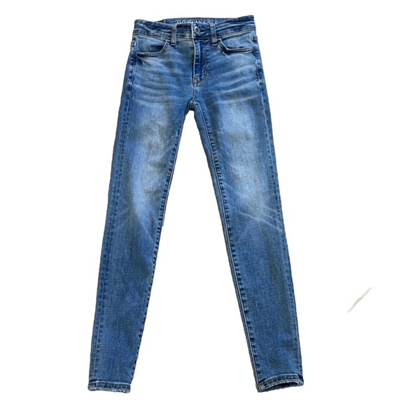 American Eagle Super Stretch X Medium Wash Skinny Blue Jeans Size 00 Mid Rise - Picture 1 of 8